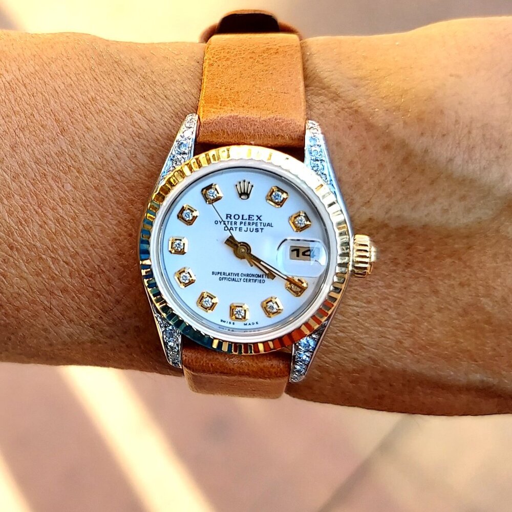 Rolex Ladies 26mm Datejust white diamond on brown leather